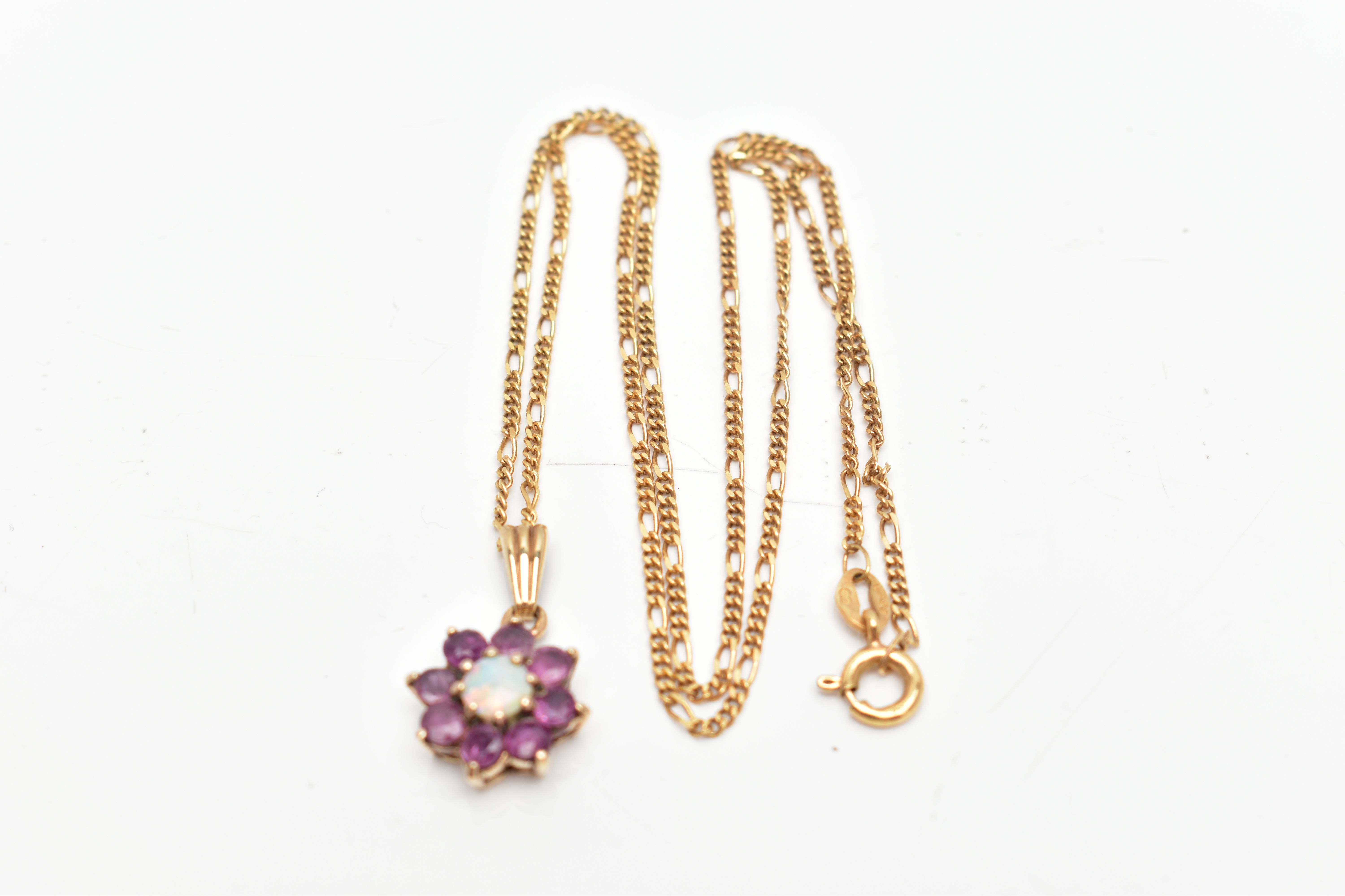 A 9CT GOLD GEMSET PENDANT AND CHAIN, the flower pendant set with a central, eight claw set, opal - Image 3 of 3