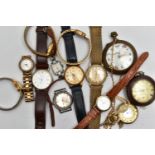 A SELECTION OF WATCHES, POCKET WATCHES AND WATCH HEAD, to include a 'Smiths' wristwatch, the