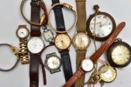 A SELECTION OF WATCHES, POCKET WATCHES AND WATCH HEAD, to include a 'Smiths' wristwatch, the