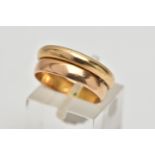 A DOUBLE BAND RING, two polished yellow gold bands soldered together, one stamped 18k, the other
