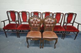 A SET OF SIX MAHOGANY DINING CHAIRS, including two carvers, with burgundy upholstery, along with a