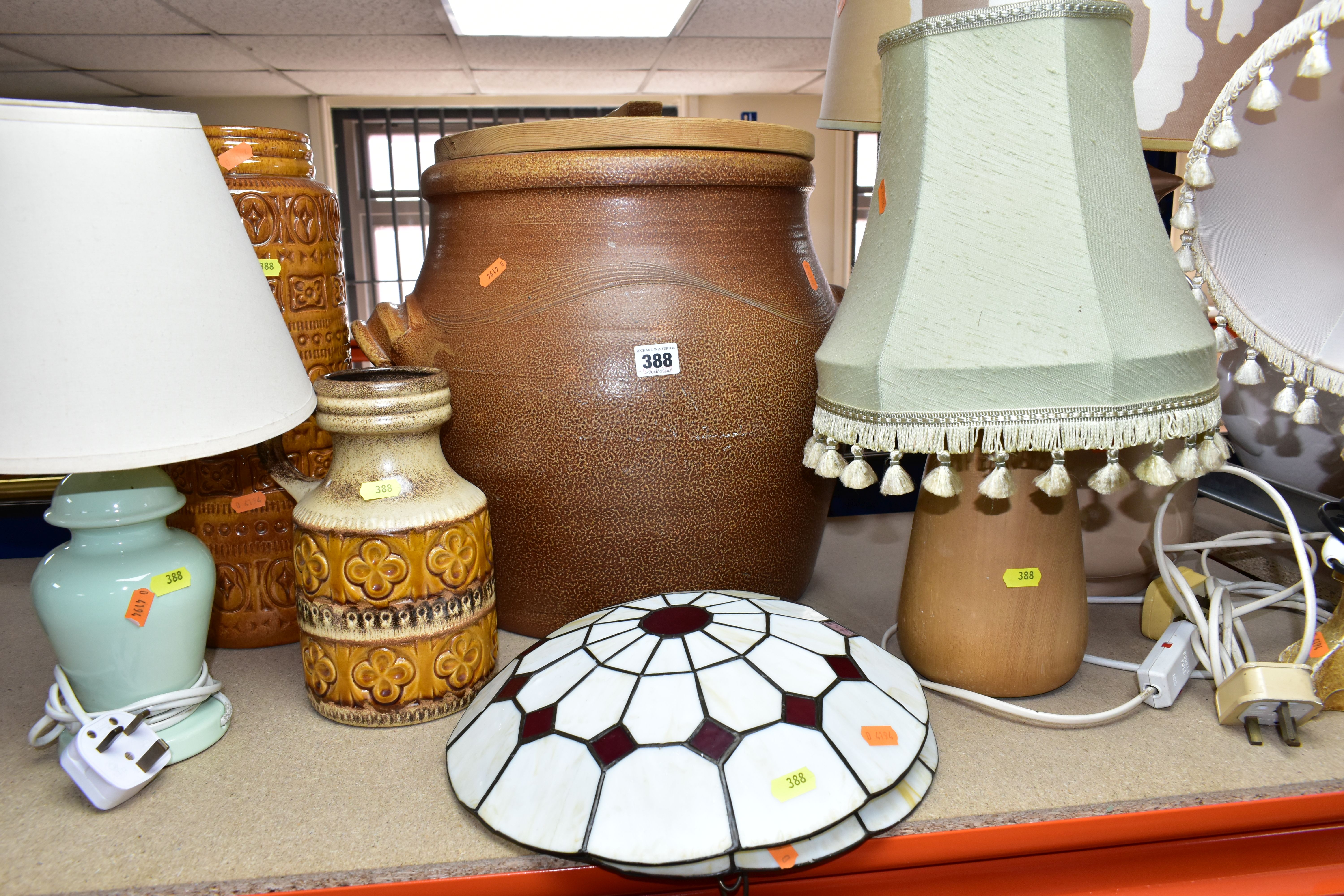 A LARGE STONEWARE BRAED CROCK WITH WOODEN COVER, TWO WEST GERMAN POTTERY VASES, FOUR TABLE LAMPS,
