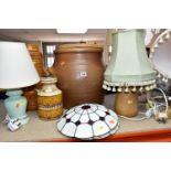 A LARGE STONEWARE BRAED CROCK WITH WOODEN COVER, TWO WEST GERMAN POTTERY VASES, FOUR TABLE LAMPS,