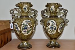 A PAIR OF LATE NINETEENTH CENTURY AUSTRIAN MAJOLICA VASES BY GERBING & STEPHAN, the twin handled