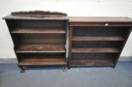 A 20TH CENTURY OAK OPEN BOOKCASE, with two shelves, width 107cm x depth 28cm x height 107cm, and a