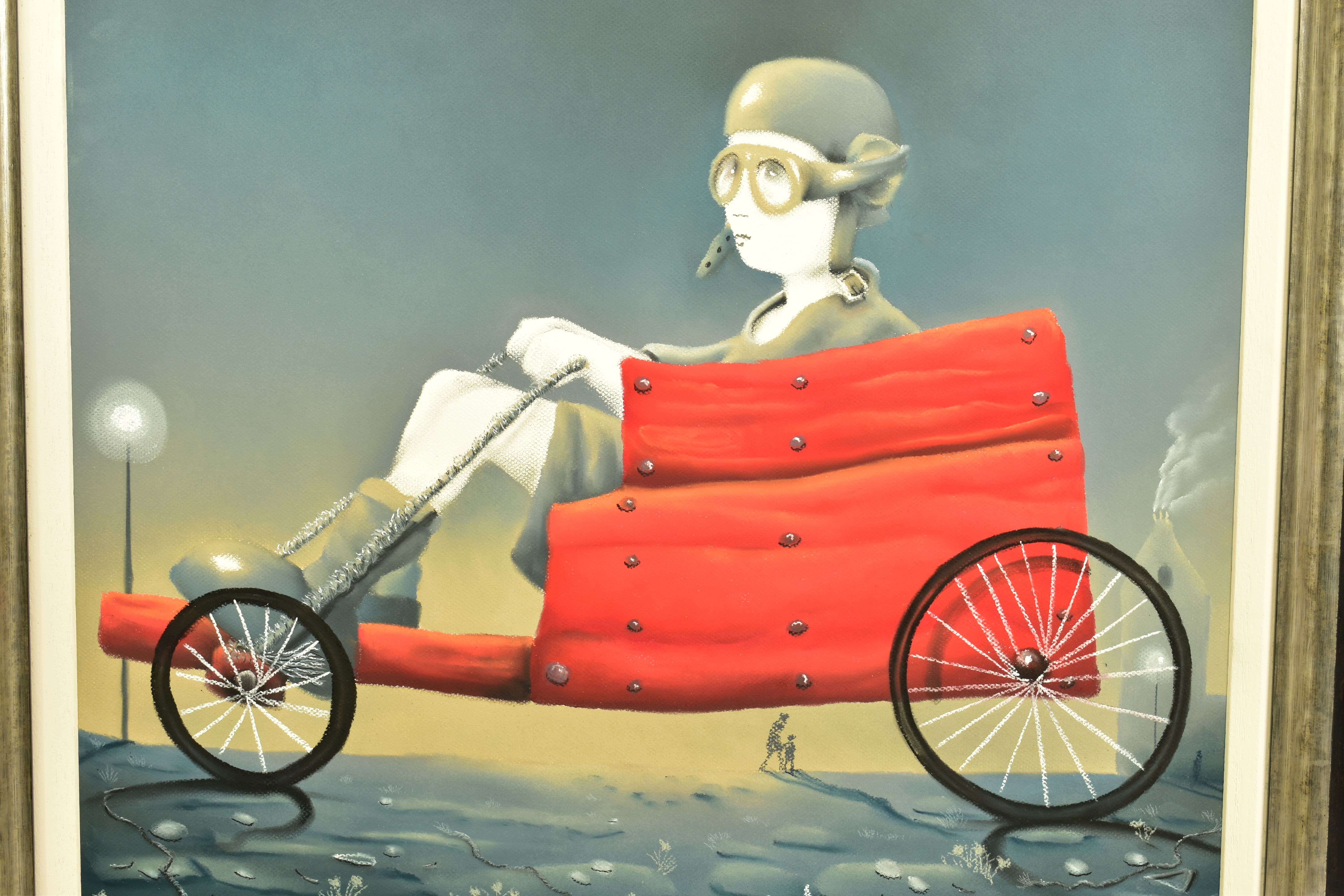 MACKENZIE THORPE (BRITISH 1957) 'FIREBALL', a figure sits in a home built soapbox go-kart at dusk, - Image 2 of 4