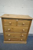 A SOLID PINE CHEST OF TWO SHORT OVER THREE LONG DRAWERS, width 92cm x depth 45cm x height 106cm (