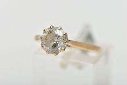 A 9CT GOLD SINGLE STONE RING, circular cut colourless cubic zirconia in a ten claw setting,