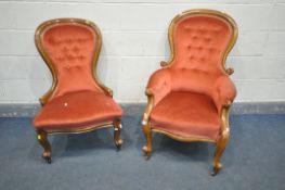 A VICTORIAN WALNUT SPOONBACK ARMCHAIR (condition:-legs appear slightly misaligned) along with a
