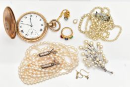 A SELECTION OF MAINLY COSTUME JEWELLERY AND A GOLD PLATED POCKET WATCH, to include a yellow metal