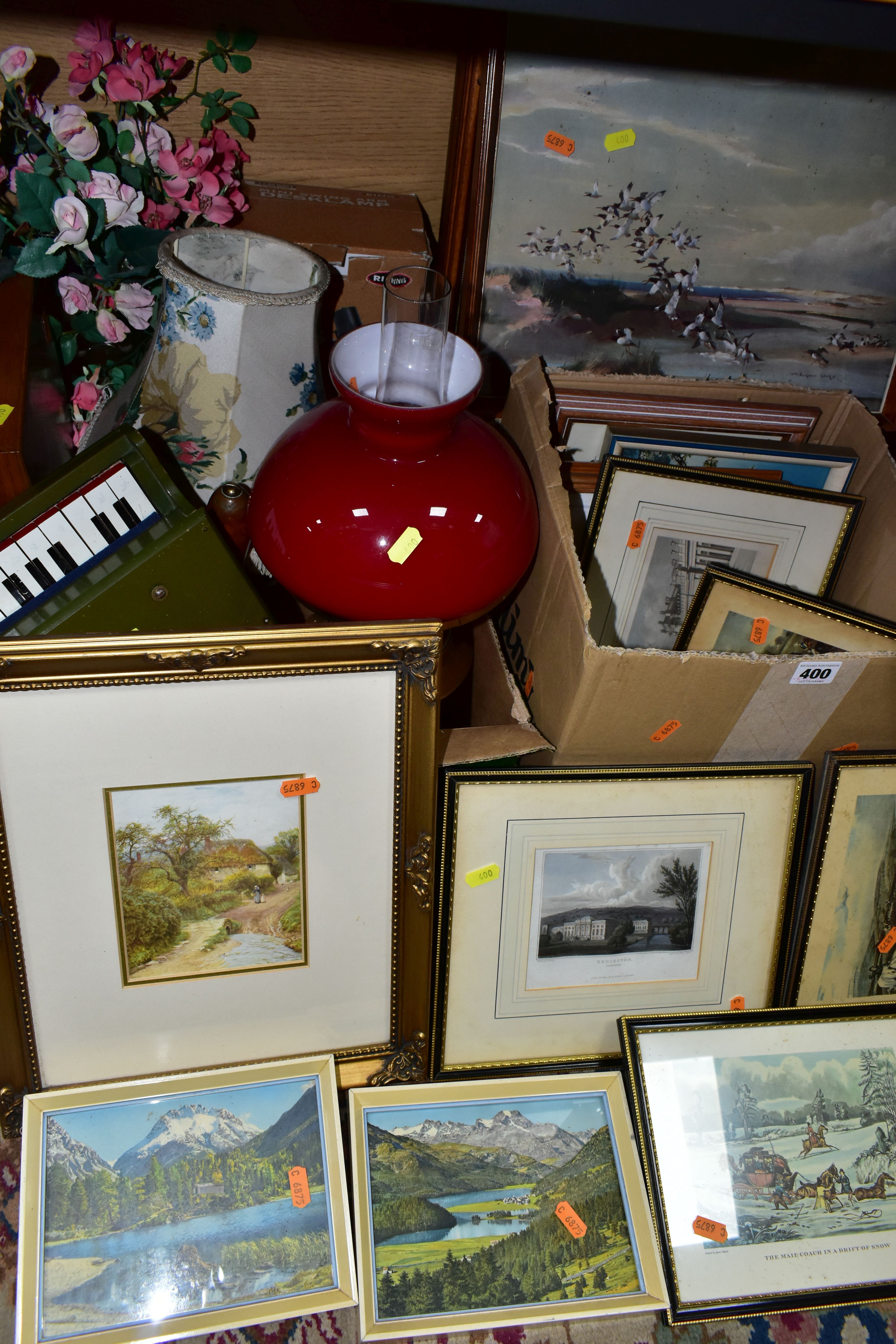 THREE BOXES OF FRAMED PRINTS AND HOUSEHOLD SUNDRIES, to include over twenty small framed prints, a