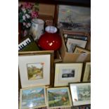 THREE BOXES OF FRAMED PRINTS AND HOUSEHOLD SUNDRIES, to include over twenty small framed prints, a