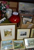 THREE BOXES OF FRAMED PRINTS AND HOUSEHOLD SUNDRIES, to include over twenty small framed prints, a