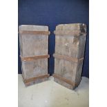 TWO VINTAGE WOODEN BOXES WITH IRON BANDING measuring width 40cm x depth 24cm x height 89cm