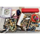 A LARGE BOX OF COSTUME JEWELLERY AND WATCHES, to include a quantity of fashion wristwatches with