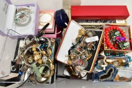 A LARGE BOX OF COSTUME JEWELLERY AND WATCHES, to include a quantity of fashion wristwatches with