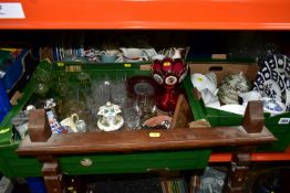 THREE BOXES OF 19TH AND 20TH CENTURY CERAMICS AND GLASSWARE, TOGETHER WITH A WOODEN WALL HANGING