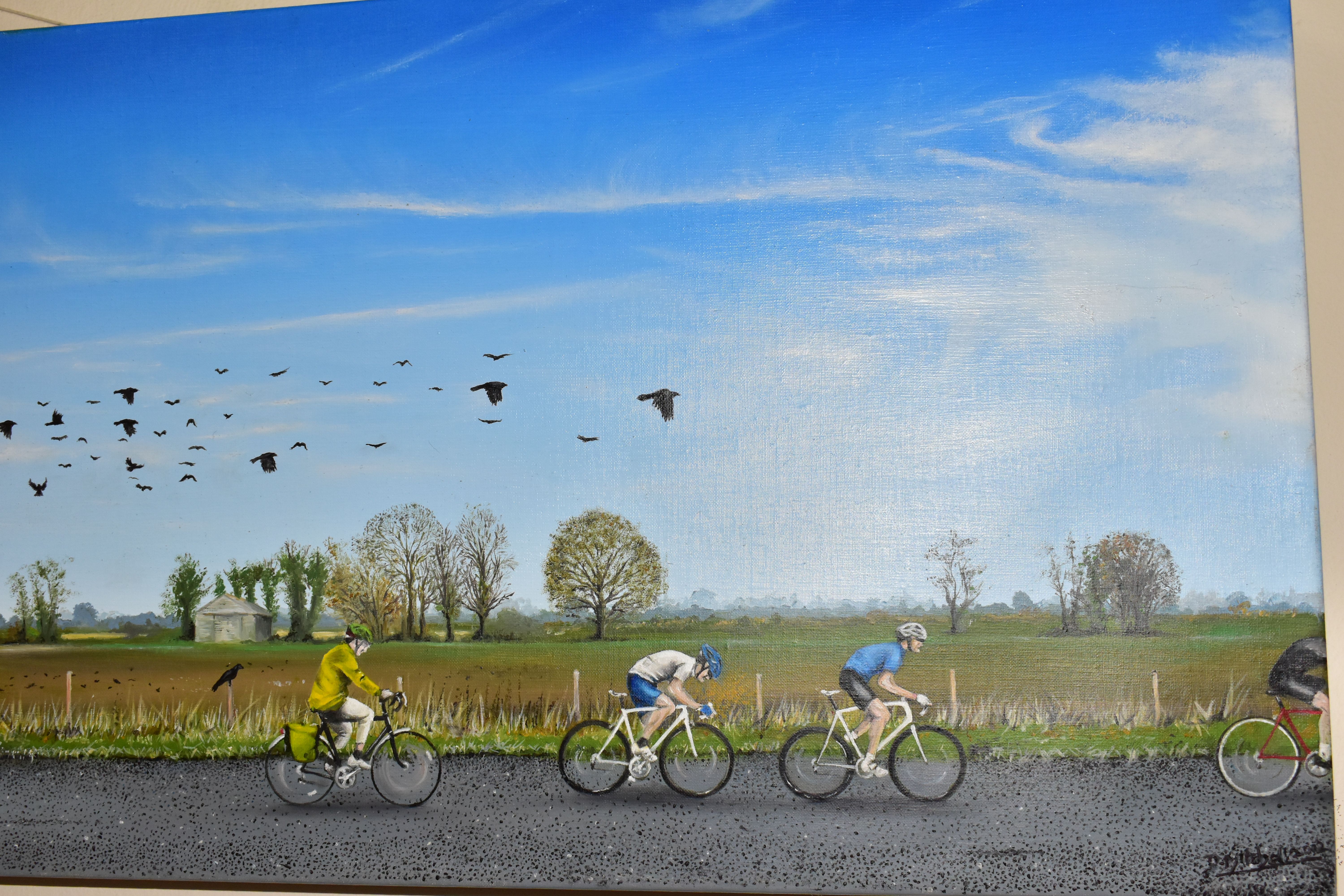 D. MITCHELL (CONTEMPORARY) CYCLISTS RIDING ALONG A RURAL ROAD, signed and dated bottom right 2002, - Image 2 of 4