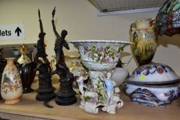 A GROUP OF VASES, A PLAUE CENTREPIECE, FIGURES, OIL LAMP AND SUNDRY ITEMS, to include a Plaue