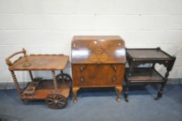 A WALNUT BUREAU, with two drawers on cabriole legs, width 75cm x depth 41cm x height 100cm (no key