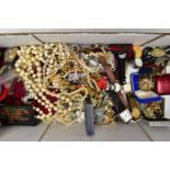 A BOX OF ASSORTED COSTUME JEWELLERY AND ITEMS, to include various fashion wristwatches, beaded