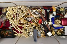 A BOX OF ASSORTED COSTUME JEWELLERY AND ITEMS, to include various fashion wristwatches, beaded