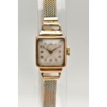 A LADIES WRISTWATCH, hand wound movement, square white dial, Arabic numerals, gold tone hands,