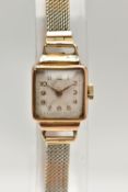 A LADIES WRISTWATCH, hand wound movement, square white dial, Arabic numerals, gold tone hands,