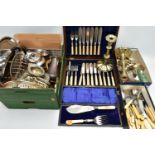 A BOX OF ASSORTED WHITE METAL AND CUTLERY, to include a pair of tall silver plated candle sticks,