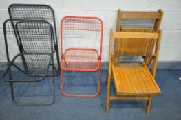 THREE RETRO TALIN METAL FOLDING CHAIRS, two painted black, one painted red, along with three beech