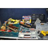 THREE TRAYS AND A TOOLBOX CONTAINING TOOLS AND MISCELLANEOUS to include a cased Wolf sapphire WHGC-