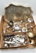 A BOX OF WHITE METAL WARE, to include a four piece EPNS tea service set comprising of a teapot,