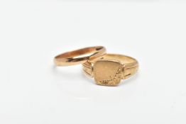 TWO 9CT GOLD RINGS, the first a yellow gold square signet ring, detailed with foliage engraving,