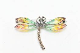 A WHITE METAL PLIQUE A JOUR AND MARCASTITE DRAGONFLY BROOCH, the dragonfly with marcasite set body