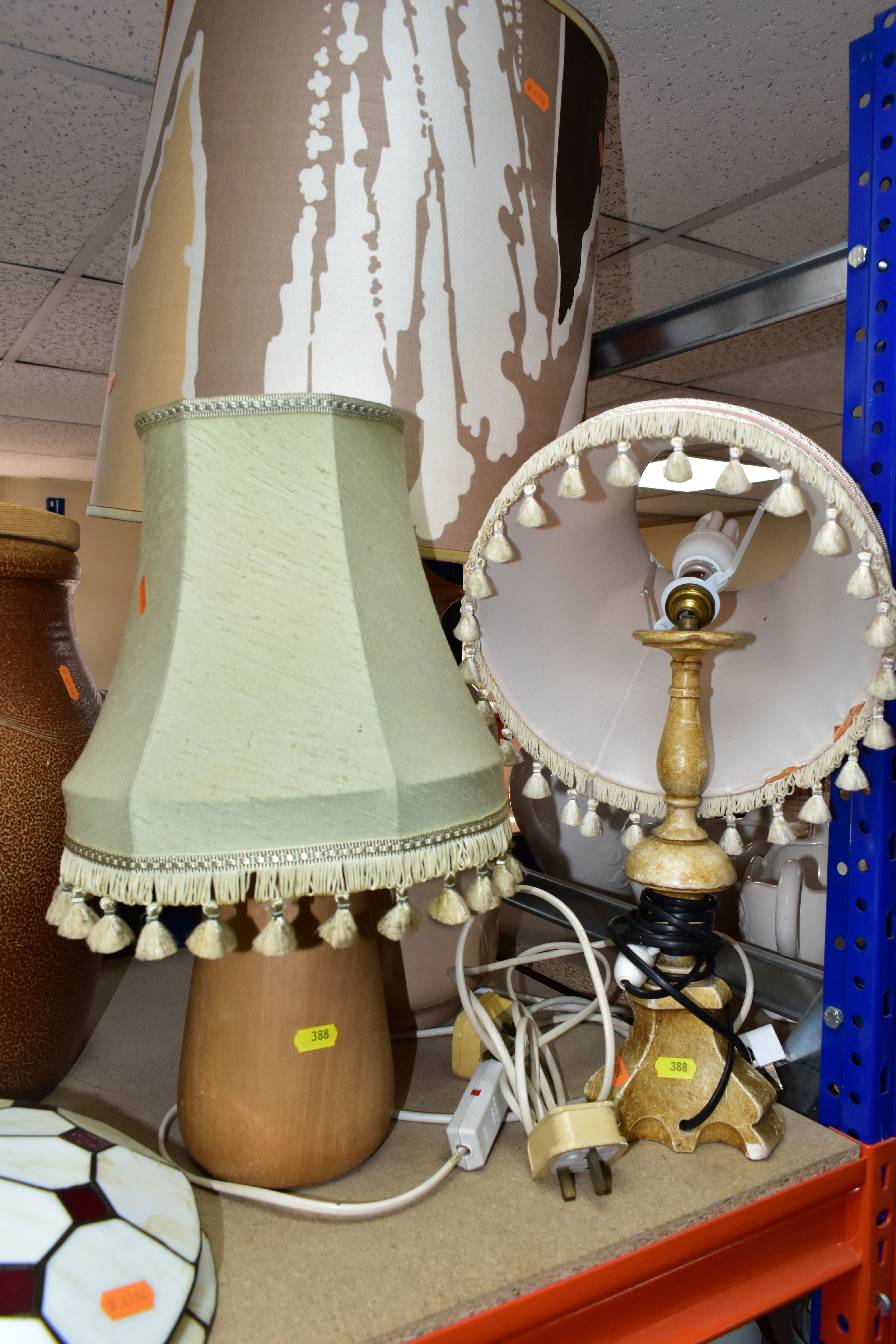 A LARGE STONEWARE BRAED CROCK WITH WOODEN COVER, TWO WEST GERMAN POTTERY VASES, FOUR TABLE LAMPS, - Image 2 of 5