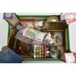 A CARDBOARD BOX CONTAINING COINS AND COMMEMORATIVES, to include Diana commemorative medals Queen