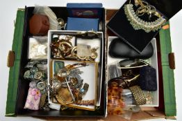 A BOX OF ASSORTED COSTUME JEWELLERY AND ITEMS, to include costume beaded necklaces, earrings,
