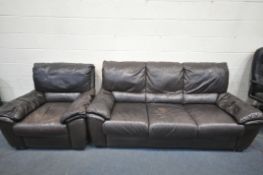 AN ITALSOFA BROWN LEATHER THREE PEICE SUITE, comprising a three seater sofa, length 210cm x depth