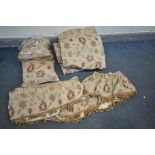 TWO PAIRS OF PAOLETTI CURTAINS, pelmets, tie backs and a pair of cushions, with floral patterns,