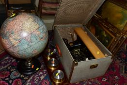 ONE BOX OF FRAMED PRINTS, GLOBE AND SINGER SEWING MACHINE comprising a hard cased early electric