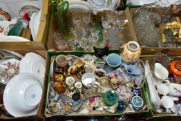SIX BOXES OF CERAMICS AND GLASSWARE, to include a Mdina teal and gold vase, a set of three flying