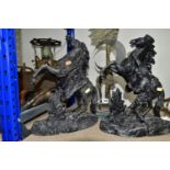 A PAIR OF SPELTER SCULPTURES TOGETHER WITH A MODERN BRASS SCULPTURE, the cast 'Marly Horses'