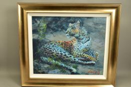 ROLF HARRIS (AUSTRALIA 1930) 'LEOPARD RECLINING AT DUSK' a signed limited edition print on canvas,