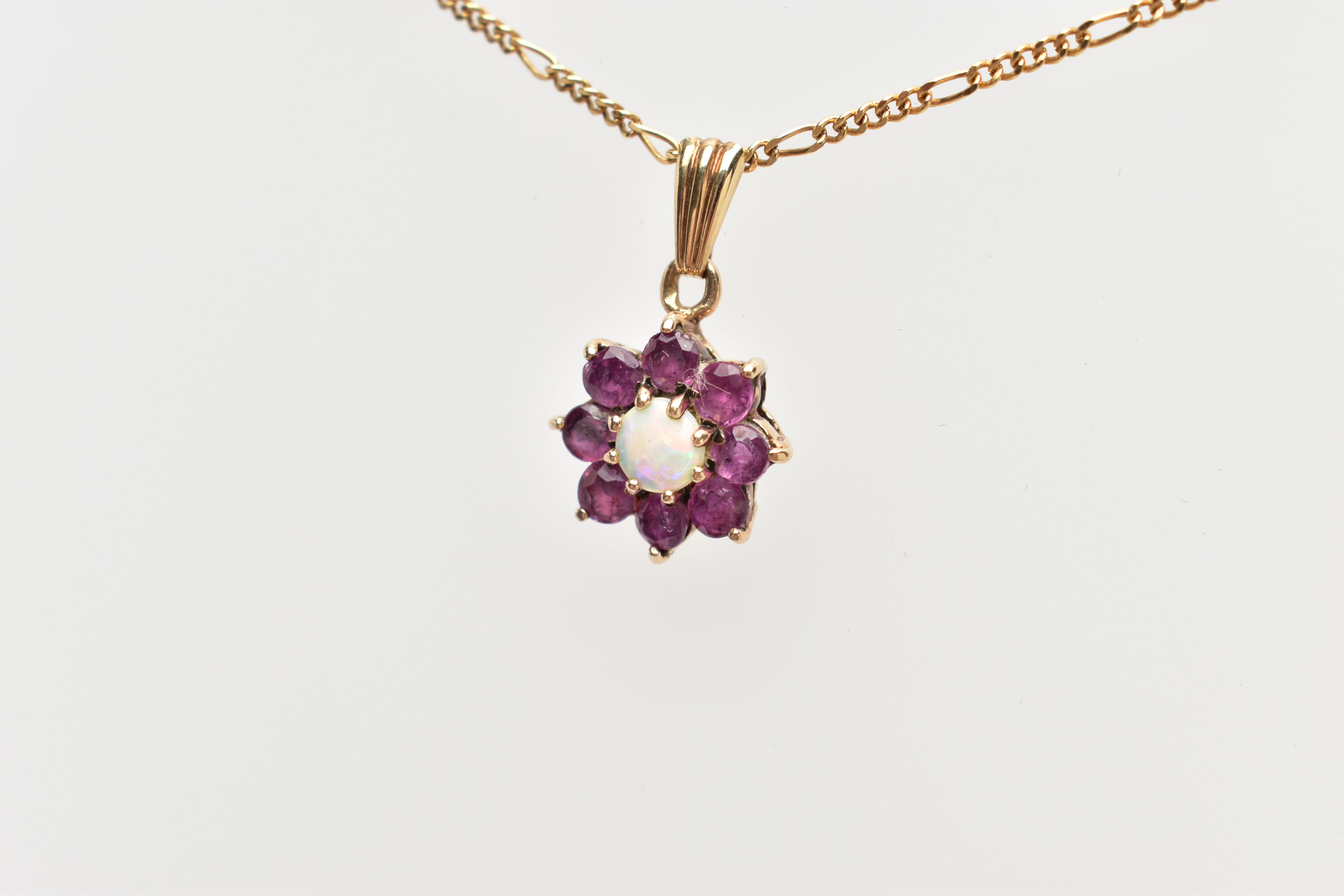 A 9CT GOLD GEMSET PENDANT AND CHAIN, the flower pendant set with a central, eight claw set, opal - Image 2 of 3
