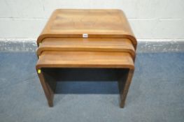 A 20TH CENTURY FAR EASTERN HARDWOOD NEST OF THREE TABLES, with rounded corners, mortise and tenon