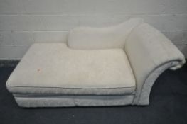 A BEIGE FLORAL UPHOLSTERED CHAISE LONGUE/SOFA BED, length 170cm x depth 89cm x height 80cm (