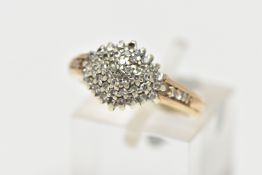 A 9CT GOLD DIAMOND CLUSTER RING, of a marquise form set with single cut diamonds, single cut diamond