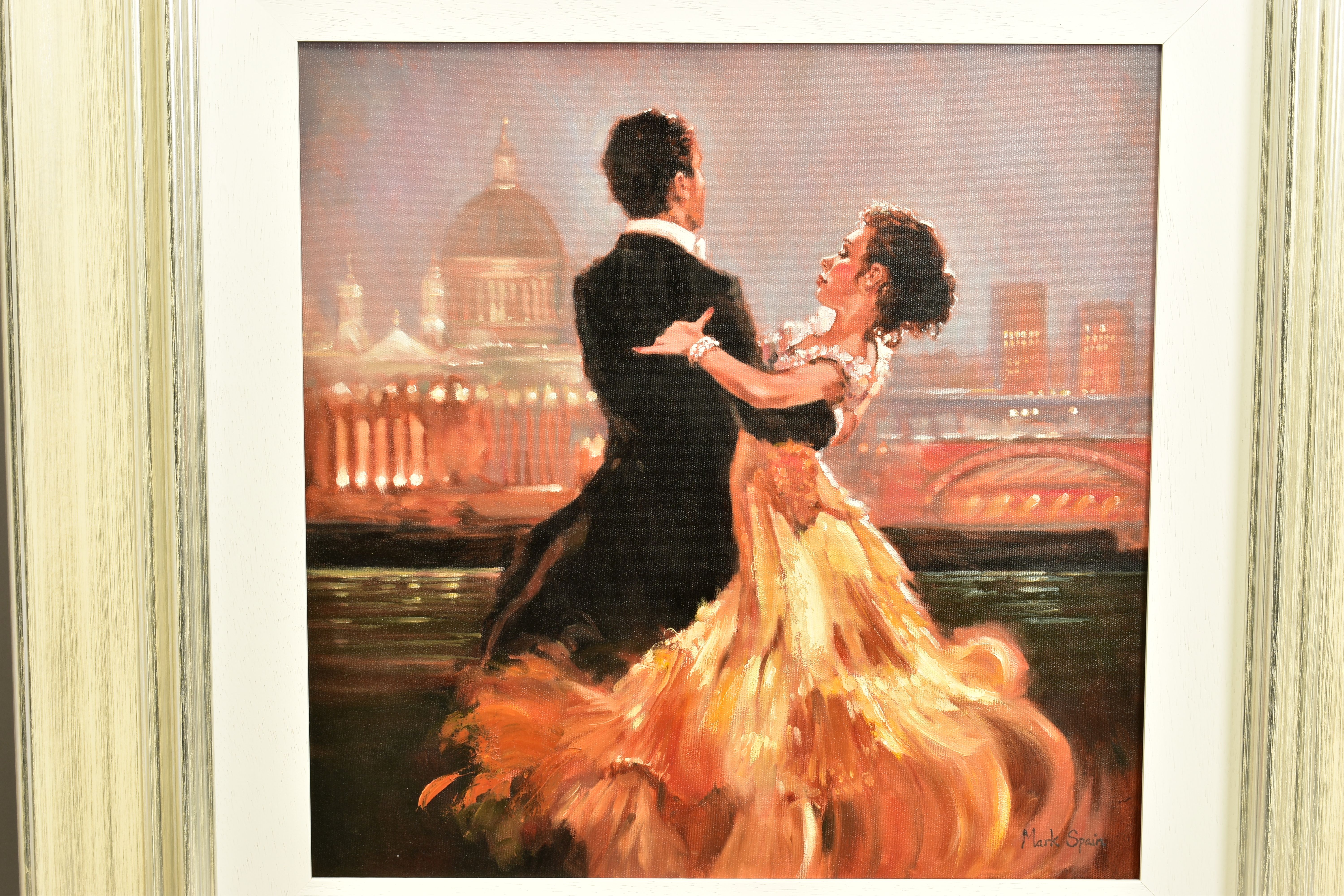 MARK SPAIN (BRITISH CONTEMPORARY) 'LONDON WALTZ', male and female figures are dancing against a - Image 2 of 4