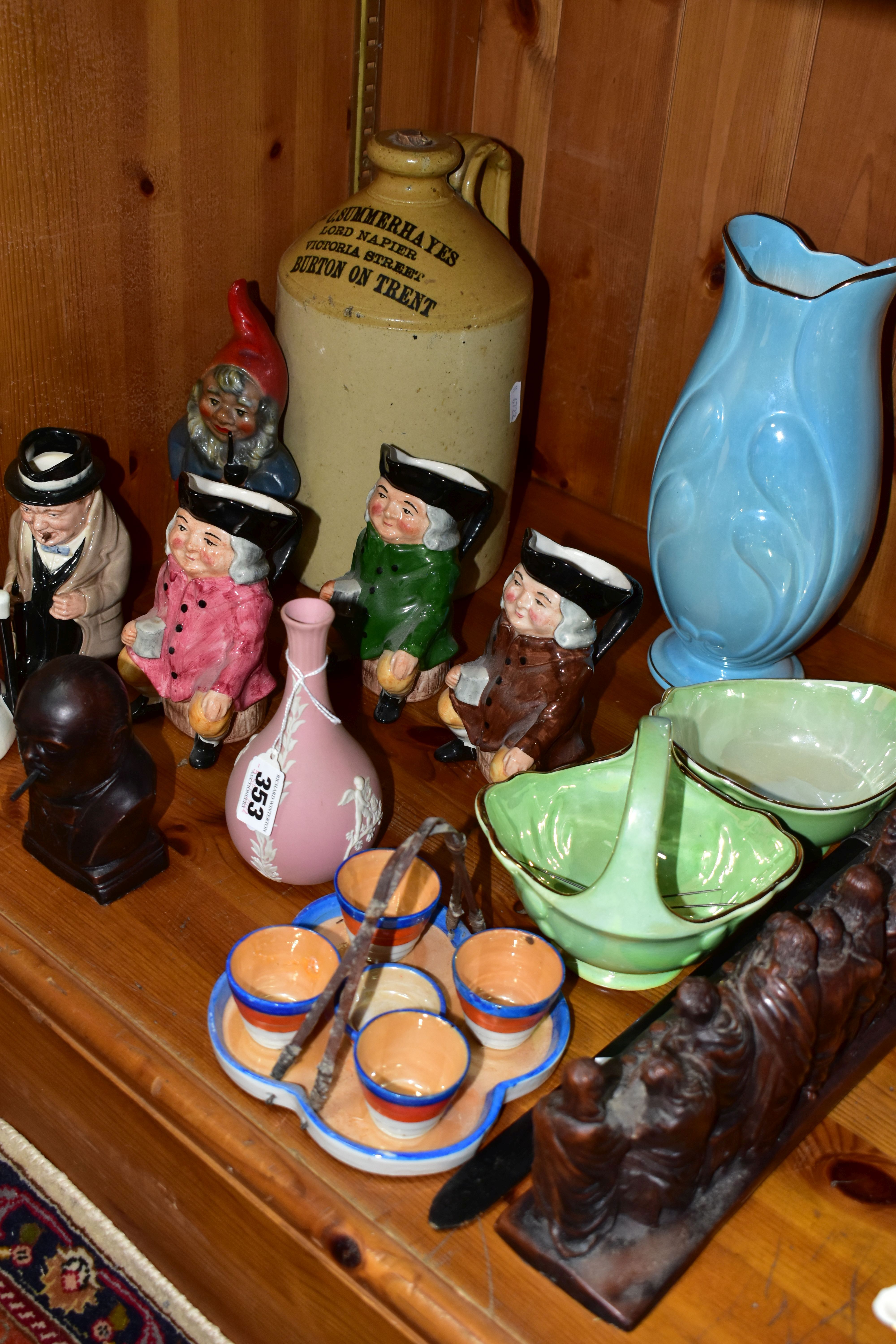 A GROUP OF CHARACTER, TOBY JUGS AND OTHER CERAMICS, ETC, including a pink Wedgwood jasperware bud