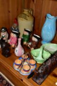 A GROUP OF CHARACTER, TOBY JUGS AND OTHER CERAMICS, ETC, including a pink Wedgwood jasperware bud